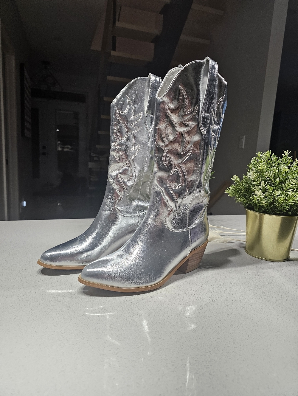 NWOT Metallic Silver Western Ankle Boots - Women's Fashion Boots